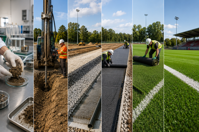 Arbeiter verlegen eine Tragschicht mit Geogitter und verdichten sie auf einer Sportplatzbaustelle mit Bohrgerät im Hintergrund (KI-generiert)