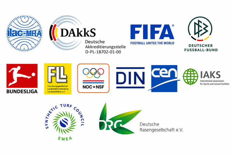 Logos verschiedener Organisationen und Zertifizierungsstellen aus den Bereichen Sport, Akkreditierung, Normung und Rasenbau (KI-generiert)