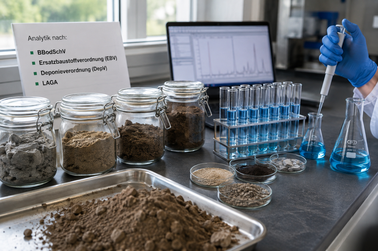 Laborarbeitsplatz mit Bodenproben in Glasbehältern, Reagenzgläsern und Petrischalen zur Analyse nach verschiedenen Verordnungen (KI-generiert)