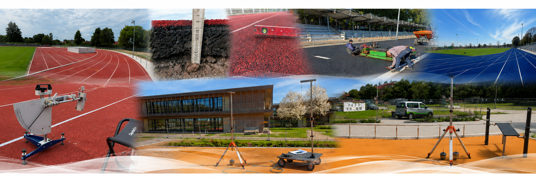 Sportplatz mit Laufbahn, Kunstrasenfläche und Messgeräten zur Bodenprüfung im Außenbereich (KI-generiert)