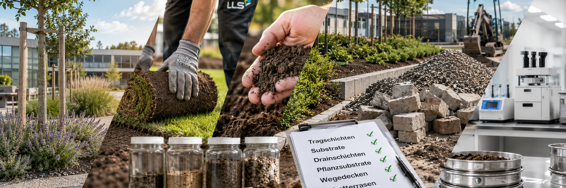 Person in Arbeitskleidung entnimmt Bodenproben aus Rasentragschicht und füllt Substrate in Gläser, daneben Checkliste mit Schichtaufbau (KI-generiert)