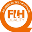 Rundes Qualitätssiegel mit oranger Umrandung und schwarzer Schrift: FLH QUALITY sowie ACCREDITED TEST INSTITUTE (KI-generiert)