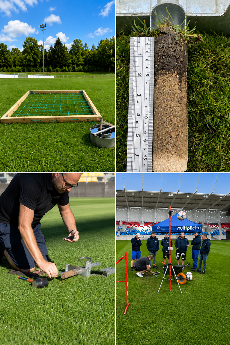 Sportplatz mit Rasenfläche, auf der Bodenprüfgeräte und Messlatte zur Tragschichtanalyse aufgestellt sind (KI-generiert)