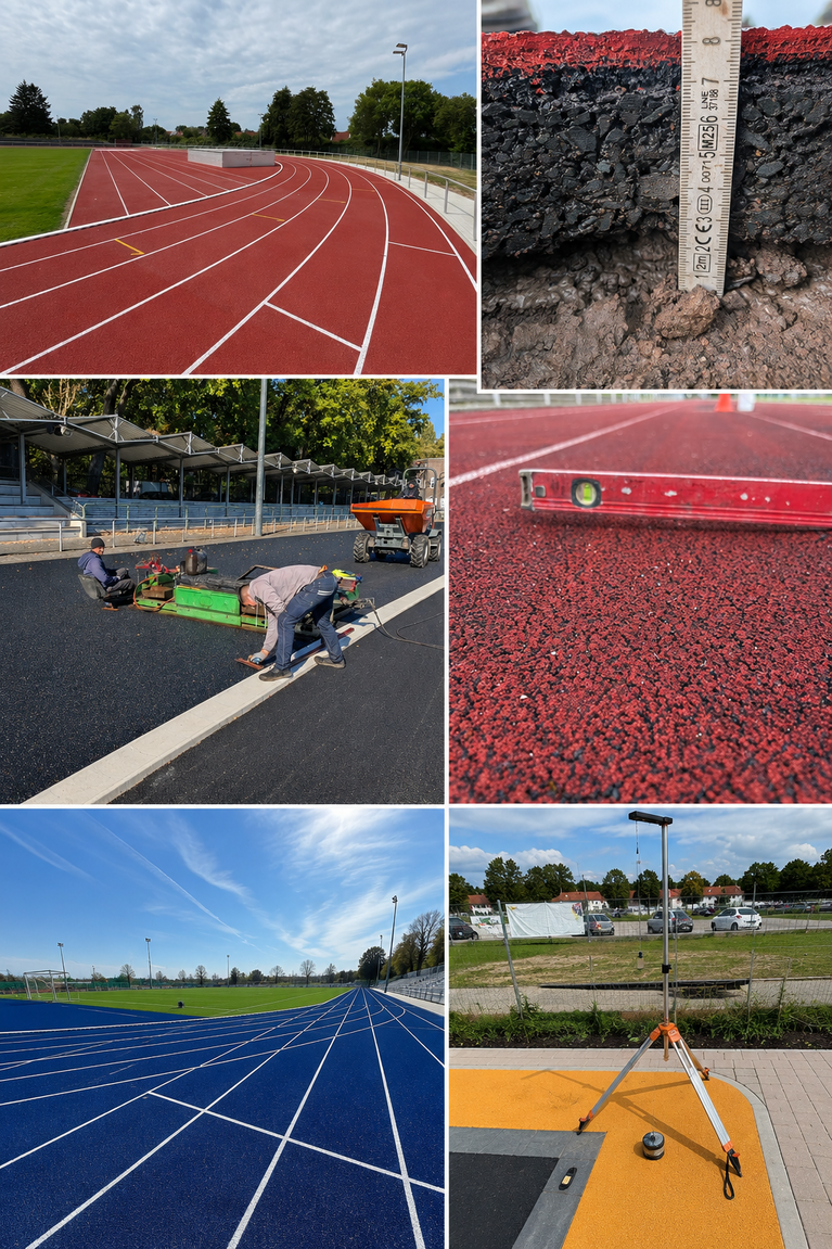 Sechs Teilbilder: Leichtathletiklaufbahn, Schotterprobe mit Messlatte, Kunstrasenverlegung, Granulat-Einbringung, blaue Kunststofflaufbahn und Neigungsmessgerät auf Untergrund (KI-generiert)