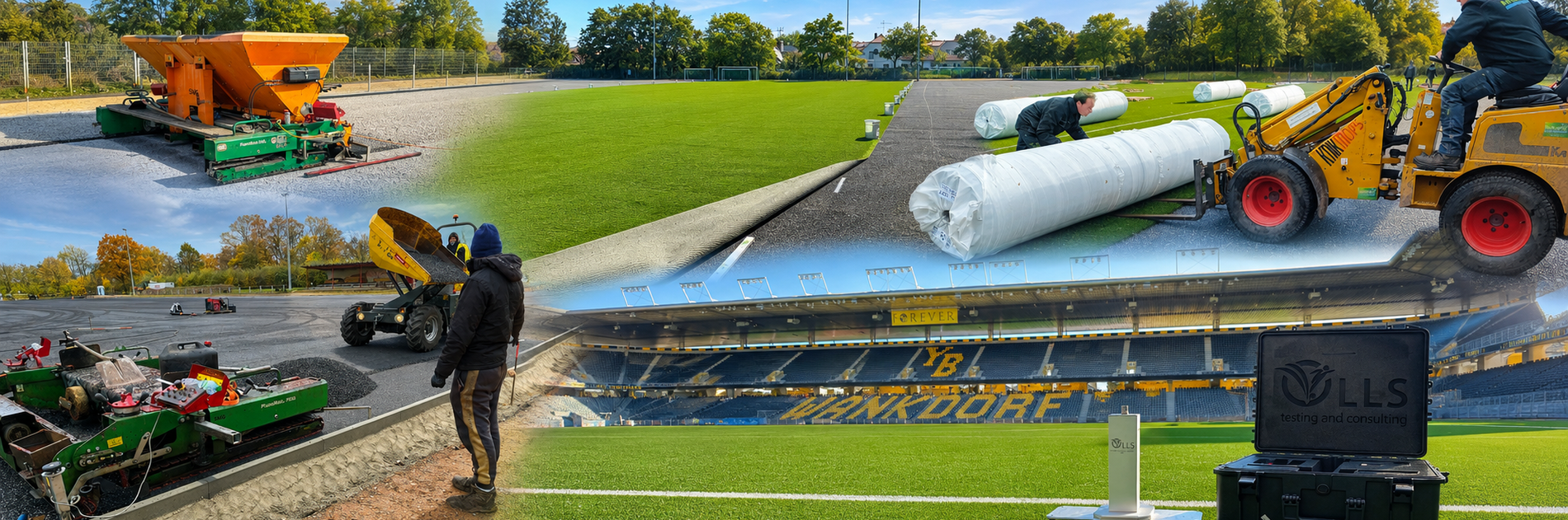 Arbeitsbereich auf einem Sportplatz mit Kunstrasenrolle, Baumaschinen und zwei Personen bei Verlegearbeiten (KI-generiert)