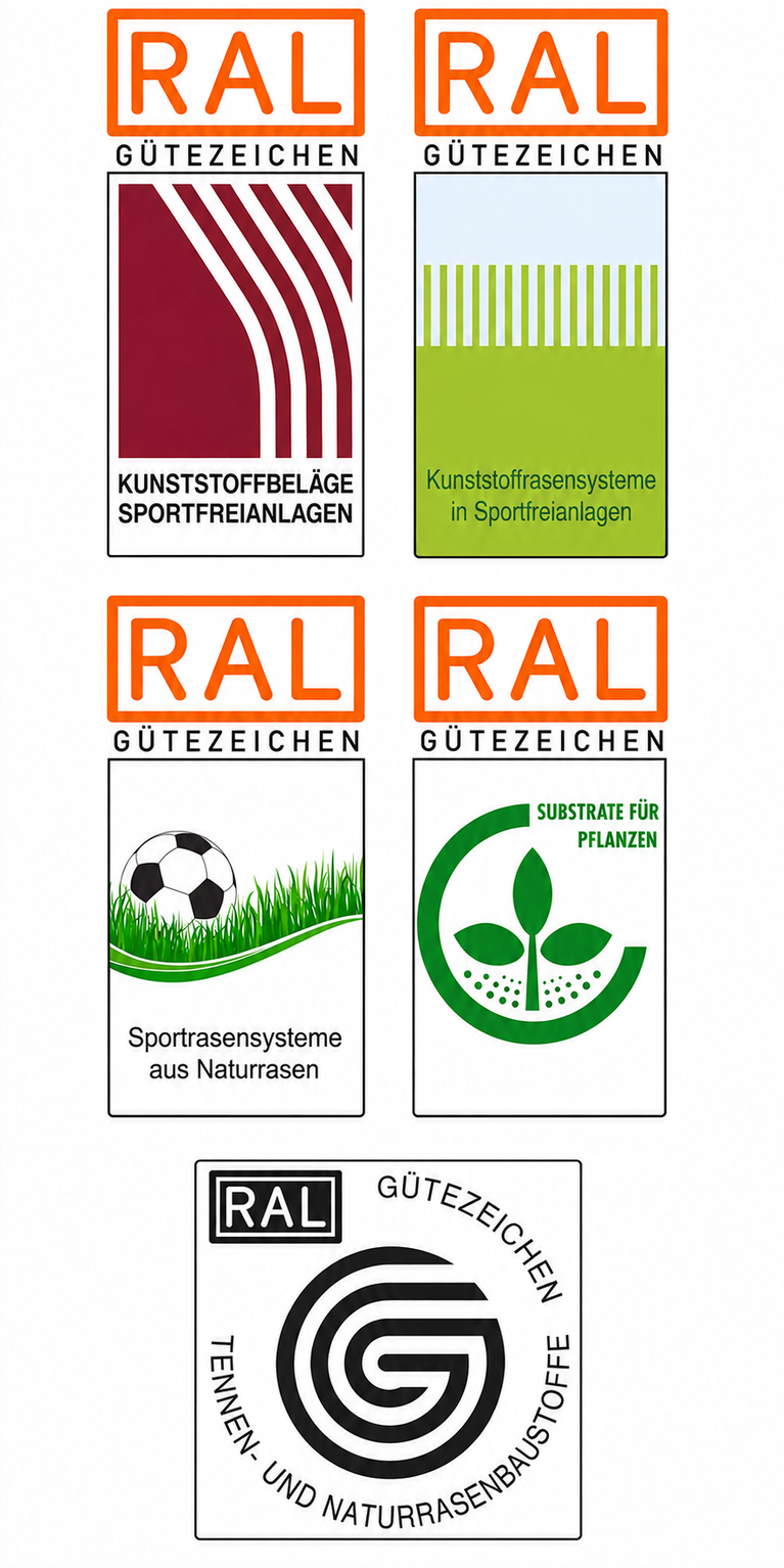 Fünf RAL-Gütezeichen-Zertifikate für Kunststoffbeläge in Sportfreianlagen, Kunststoffrasensysteme, Naturrasensportrasen, Substrate für Pflanzen und Tennis-/Naturrasenbaustoffe (KI-generiert)