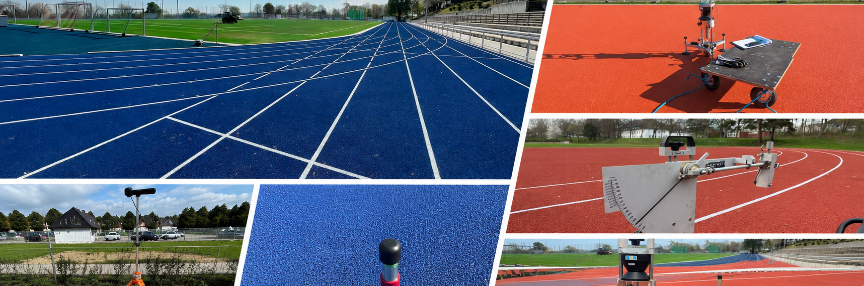Sportplatz mit blauer Kunststofflaufbahn und angrenzender roter Belagfläche, Prüfgeräte zur Bodenanalyse aufgestellt (KI-generiert)
