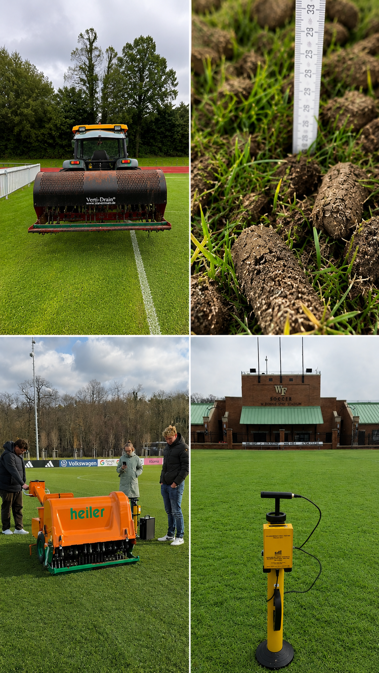 Rasenfläche mit zwei Rasenwalzen und einer Bodenprobe mit Messlatte, im Hintergrund Sportplatzgebäude (KI-generiert)