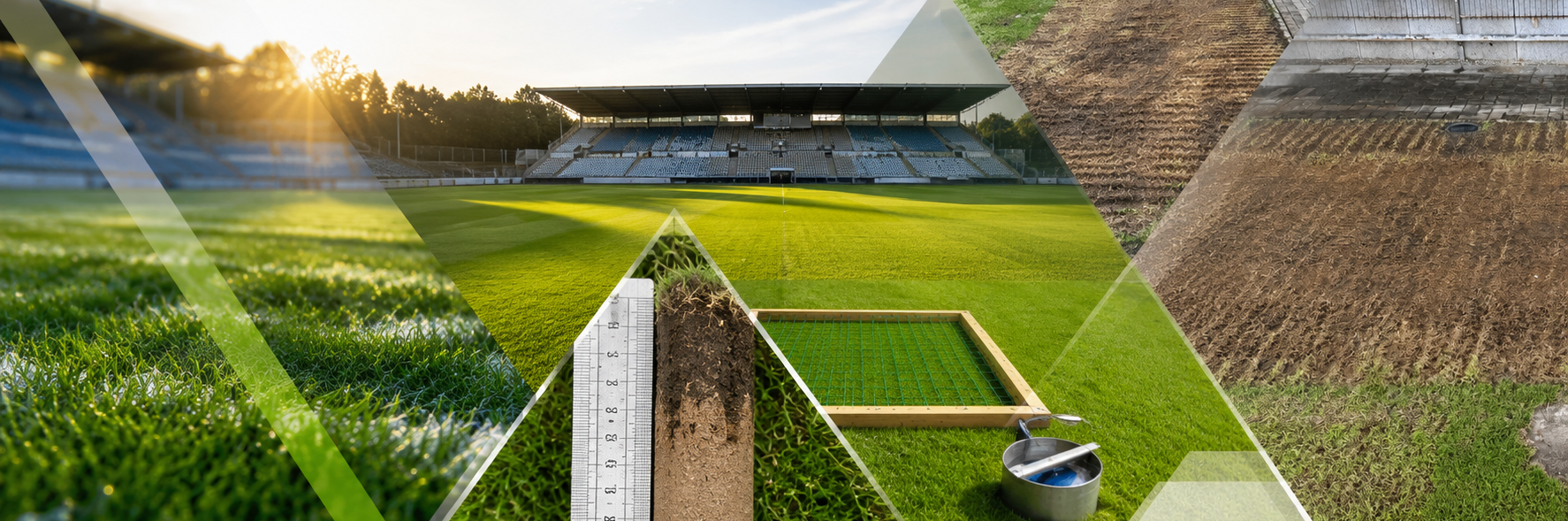 Sportplatz mit Naturrasenfläche, Schnittkantenprüfgerät und Eimer auf dem Spielfeld, im Hintergrund leere Tribüne (KI-generiert)