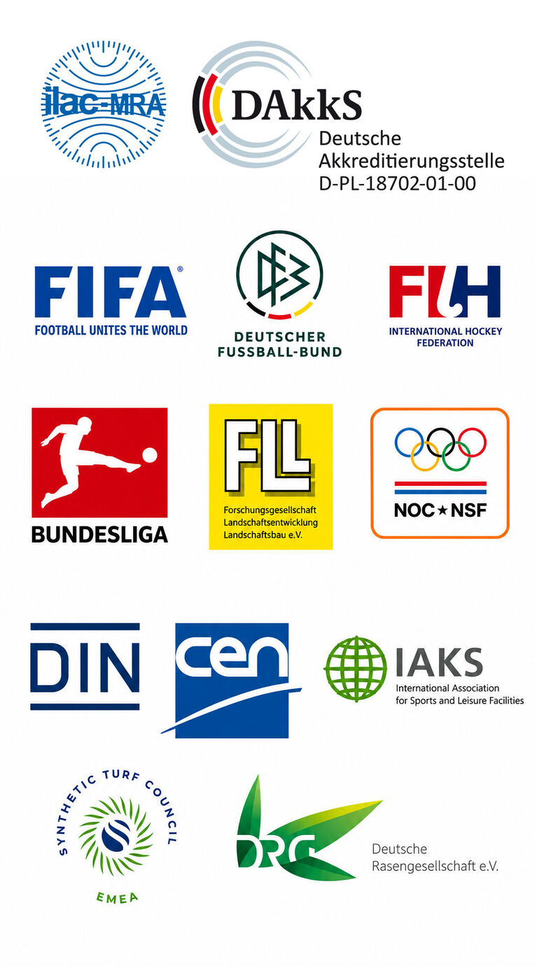 Logos verschiedener Sportverbände, Akkreditierungsstellen und Forschungsgesellschaften aus dem Bereich Sport und Landschaftsbau (KI-generiert)