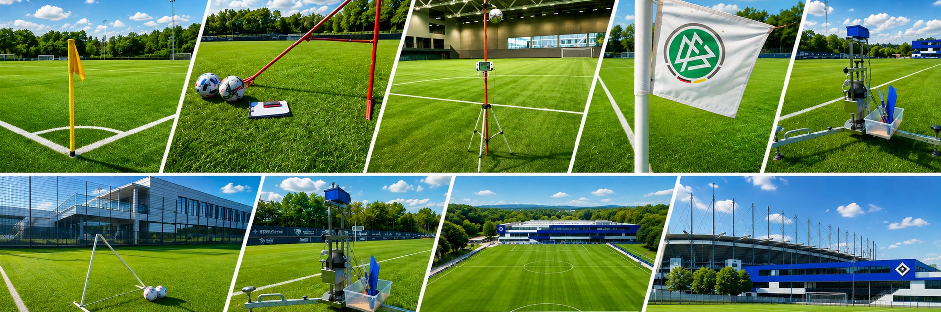 Sportplatz mit Naturrasen, Toren, Eckfahnen und Prüfgeräten zur Bodenanalyse (KI-generiert)