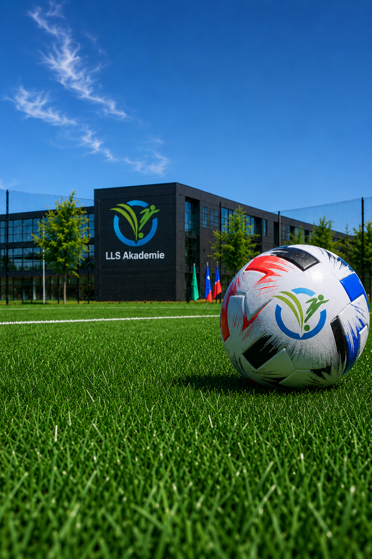 Fußball auf kurz gemähtem Naturrasen vor einem Gebäude mit Logo und Schriftzug auf dunkler Fassade (KI-generiert)