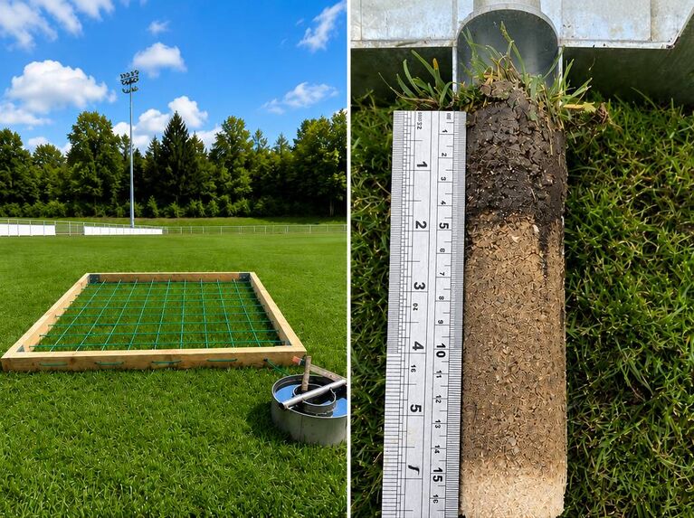 Sportplatz mit Naturrasenfläche, daneben Bodenprofil mit Messlatte und Entnahmegerät für Proben (KI-generiert)