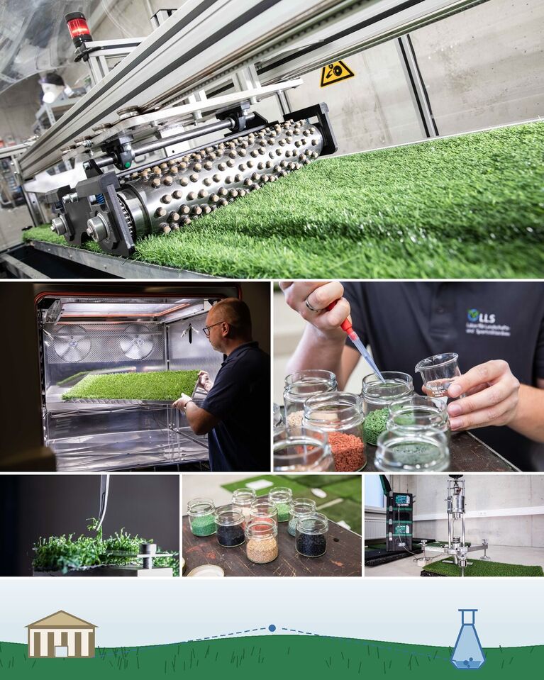 Industrielle Anlage zur Verarbeitung von Kunstrasengranulat mit Probenbehältern und Bodenanalysen im Laborumfeld (KI-generiert)