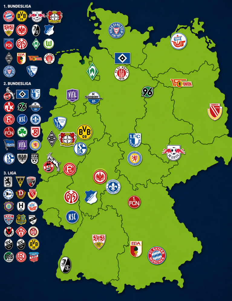 Karte von Deutschland mit Logos von Fußballvereinen, geordnet nach Ligen und Regionen (KI-generiert)
