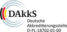Quadratisches Logo mit konzentrischen Kreisen in Blau und Rot, Schriftzug DAKks sowie Text Deutsche Akkreditierungsstelle in Grau (KI-generiert)