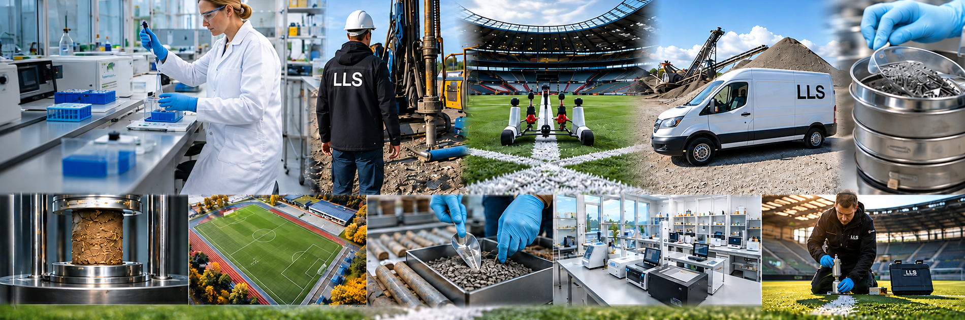Laborarbeitsplatz mit Schutzausrüstung, Bodenproben in Behältern und Baustellenbereich mit Bohrmaschine an einem Stadionrasen (KI-generiert)